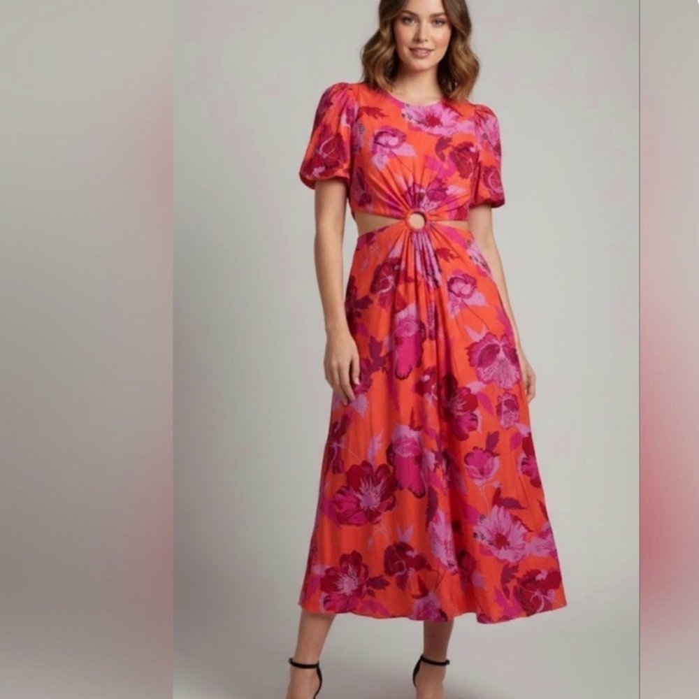 Scoop Puff Sleeve O-Ring Midi Cut Out Dress Orange Pink Tiger Floral Size L
